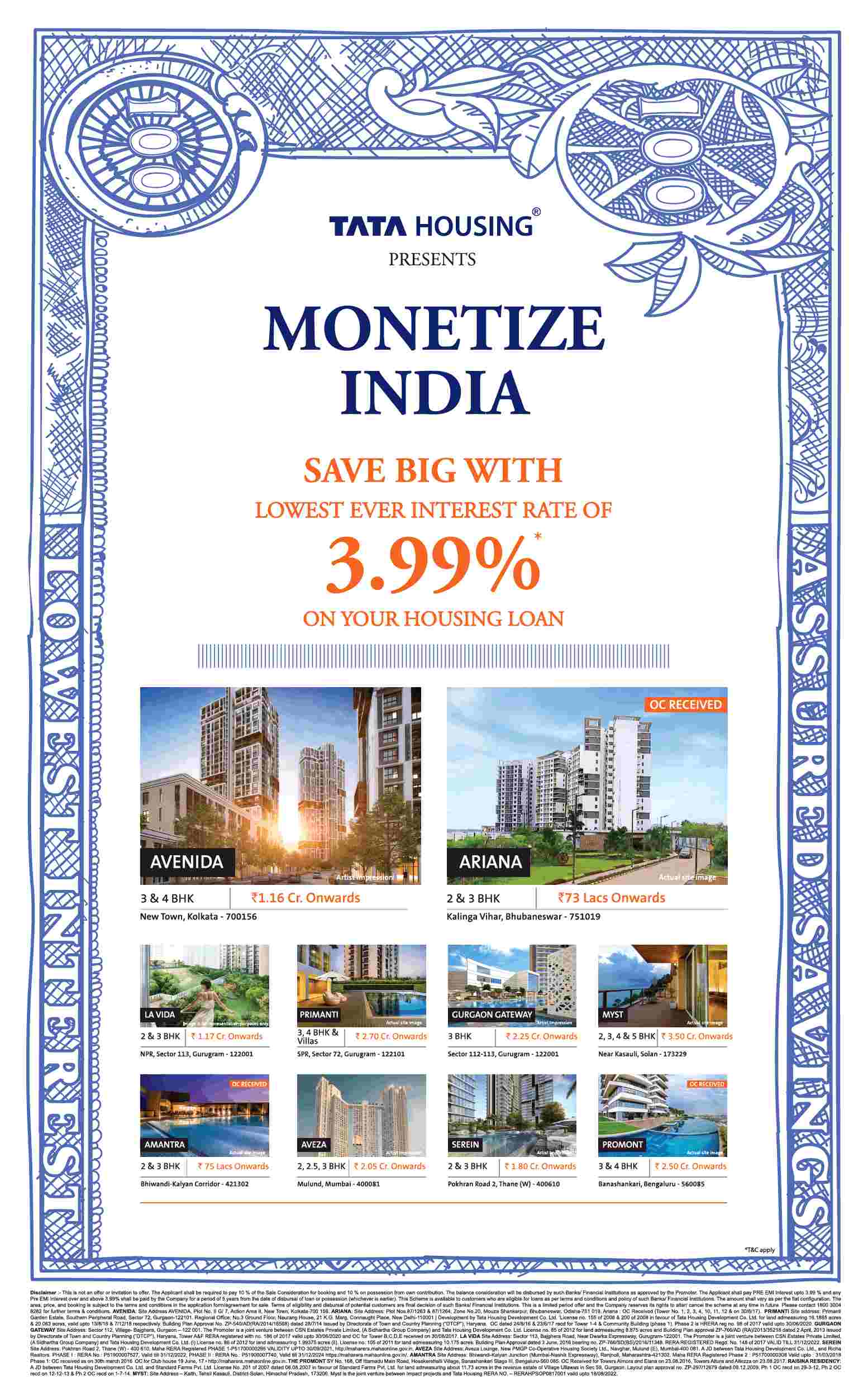 Tata Housing presents Monetize India with the lowest interest rate of 3.99% on your housing loan Update